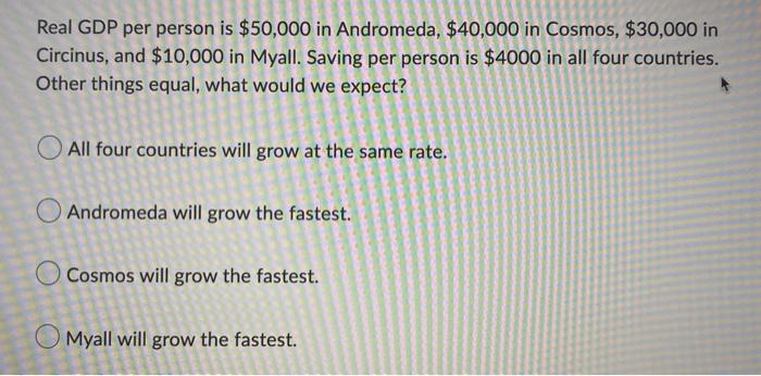 Real Gdp Per Person Is 50 000 In Andromeda 40 000 In Cosmos 30 000 In Circinus And 10 000 In Myall Saving Per Pe 1