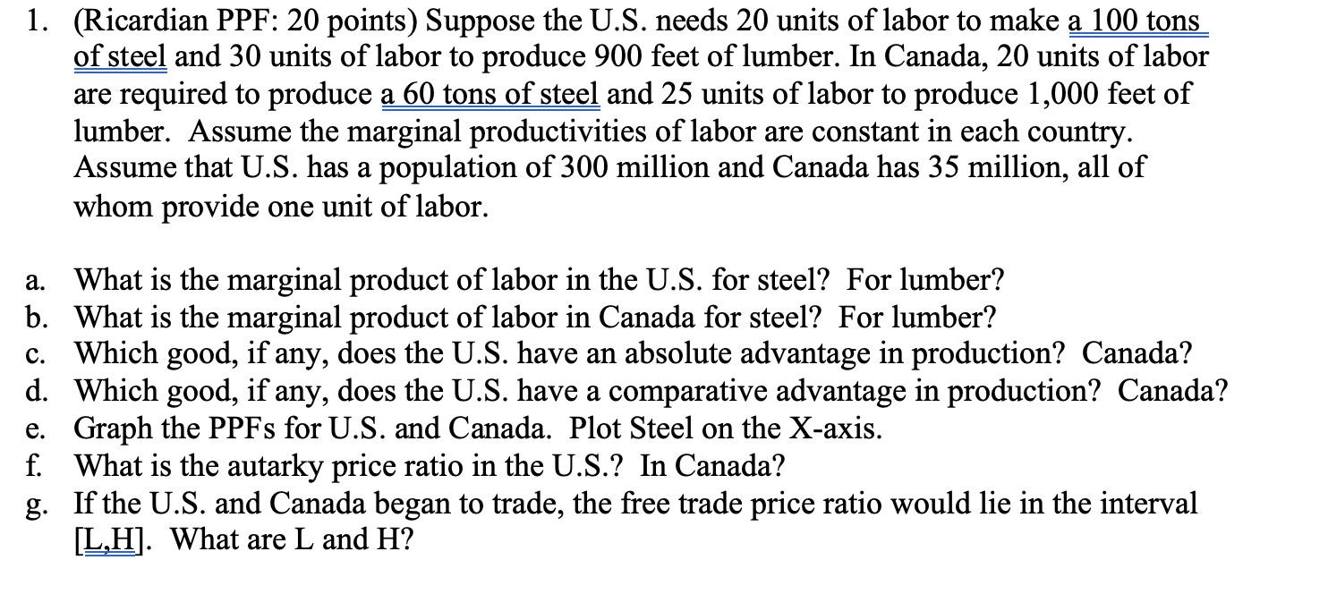 1 Ricardian Ppf 20 Points Suppose The U S Needs 20 Units Of Labor To Make A 100 Tons Of Steel And 30 Units Of Labor 1