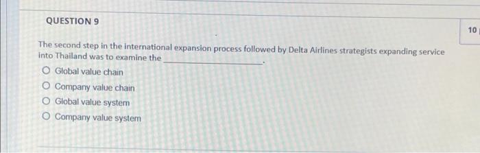 Question 9 The Second Step In The International Expansion Process Followed By Delta Airlines Strategists Expanding Servi 1