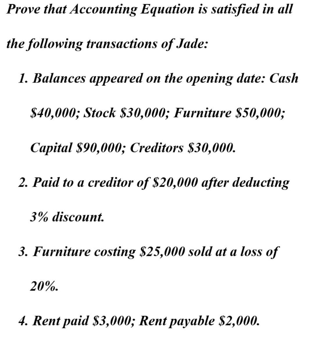 Prove That Accounting Equation Is Satisfied In All The Following Transactions Of Jade 1 Balances Appeared On The Openi 1