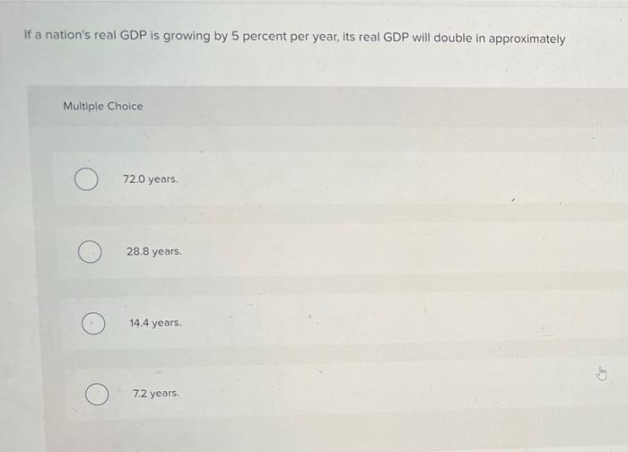 If A Nation S Real Gdp Is Growing By 5 Percent Per Year Its Real Gdp Will Double In Approximately Multiple Choice 72 0 1