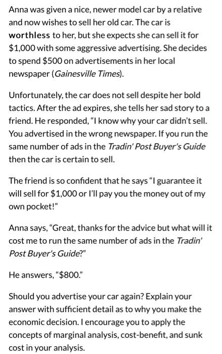 Should You Advertise Your Car Again Explain Your Answer With Sufficient Detail As To Why You Make The Economic Decision 1