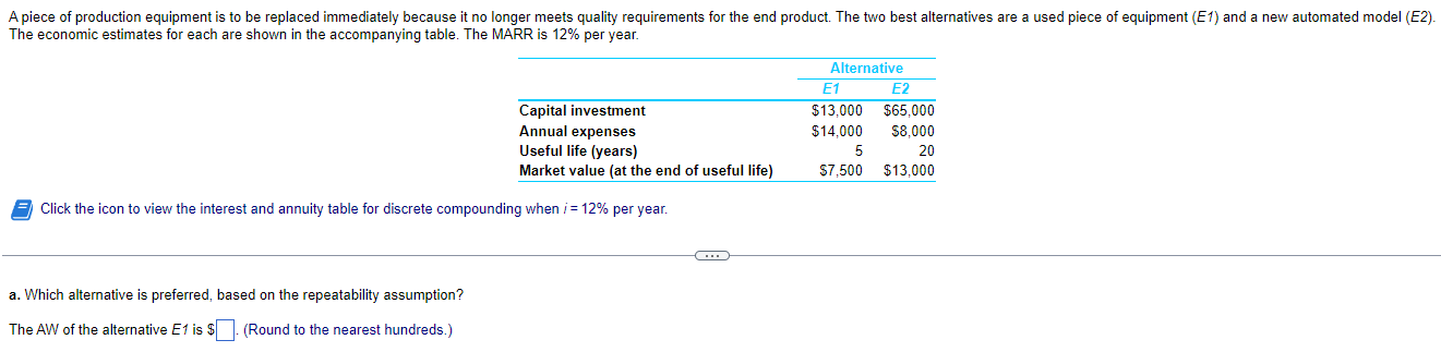 A Piece Of Production Equipment Is To Be Replaced Immediately Because It No Longer Meets Quality Requirements For The En 1