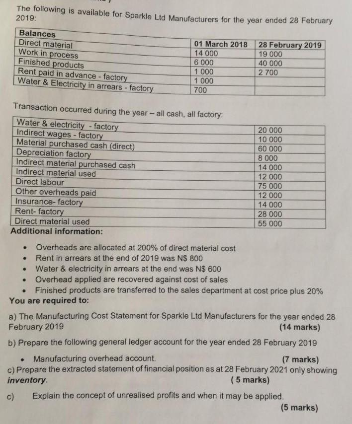 The Following Is Available For Sparkle Ltd Manufacturers For The Year Ended 28 February 2019 Balances Direct Material W 1
