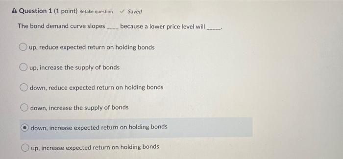 A Question 1 1 Point Retake Question Saved The Bond Demand Curve Slopes Because A Lower Price Level Will Up Reduce 1
