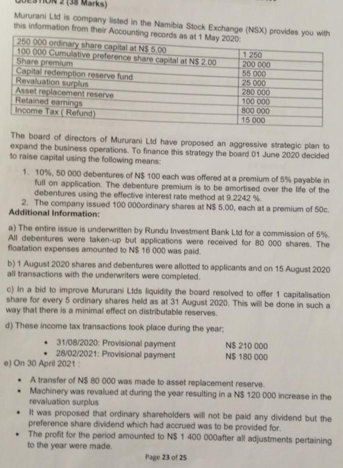 38 Marks Mururani Lid Is Company Listed In The Namibia Stock Exchange Nsx Provides You With This Information From Th 1