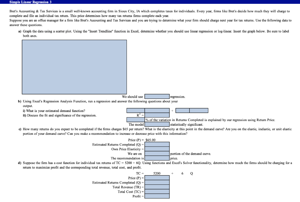 Simple Linear Regression 3 Bret S Accounting Tax Services Is A Small Well Known Accounting Firm In Sioux City Ia Whic 1