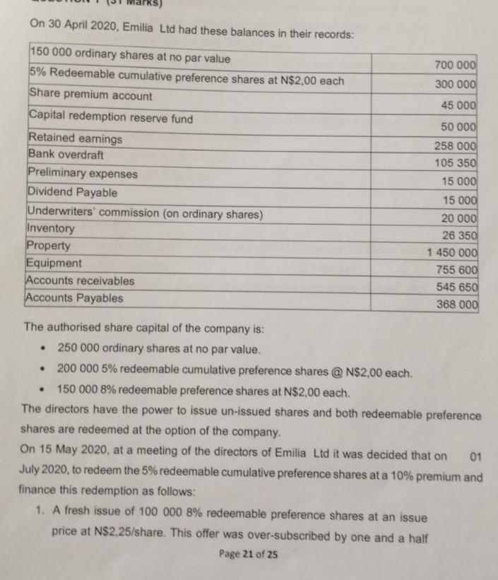 On 30 April 2020 Emilia Ltd Had These Balances In Their Records 700 000 300 000 45 000 150 000 Ordinary Shares At No P 1