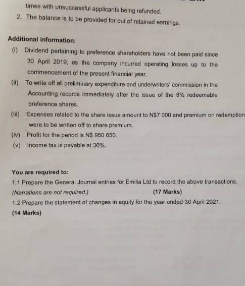 On 30 April 2020 Emilia Ltd Had These Balances In Their Records 700 000 300 000 45 000 150 000 Ordinary Shares At No P 2