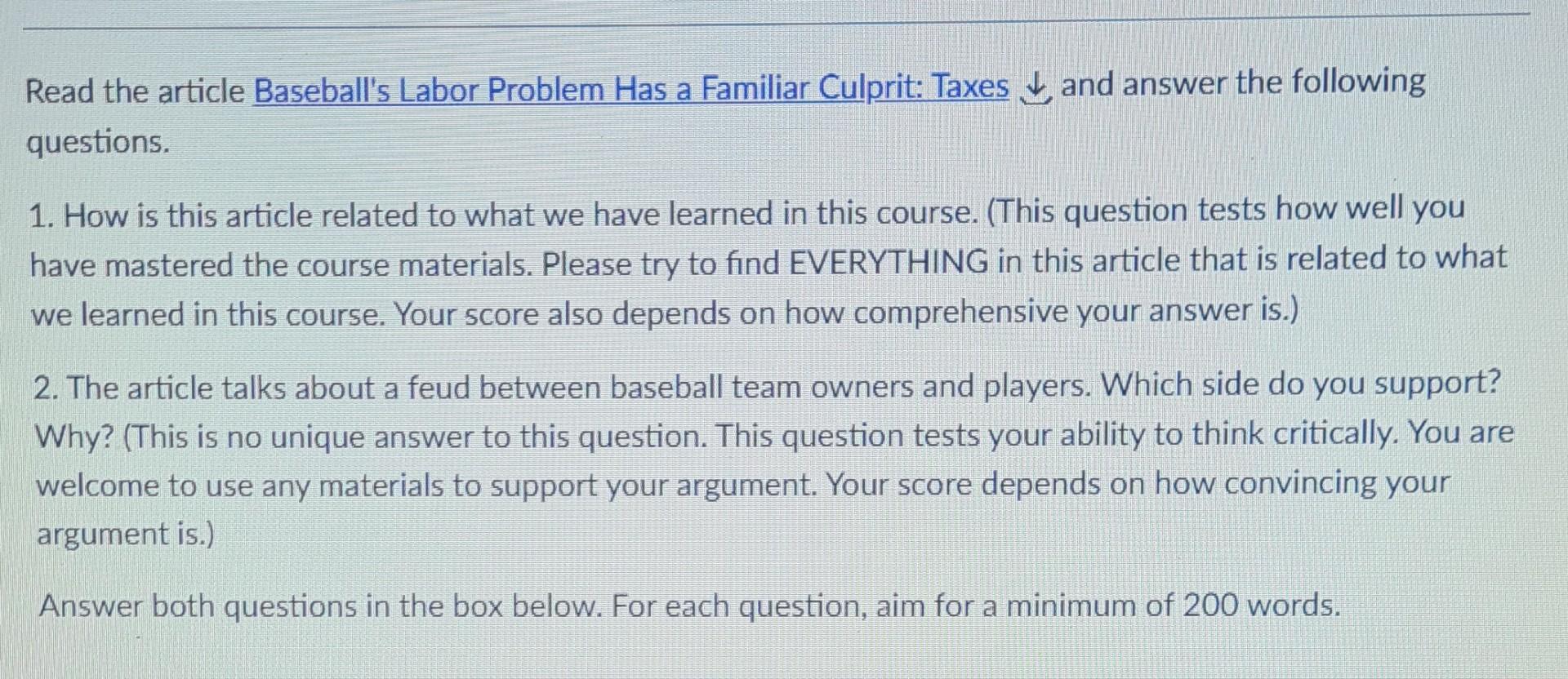 Read The Article Baseball S Labor Problem Has A Familiar Culprit Taxes And Answer The Following Questions 1 How Is Th 1
