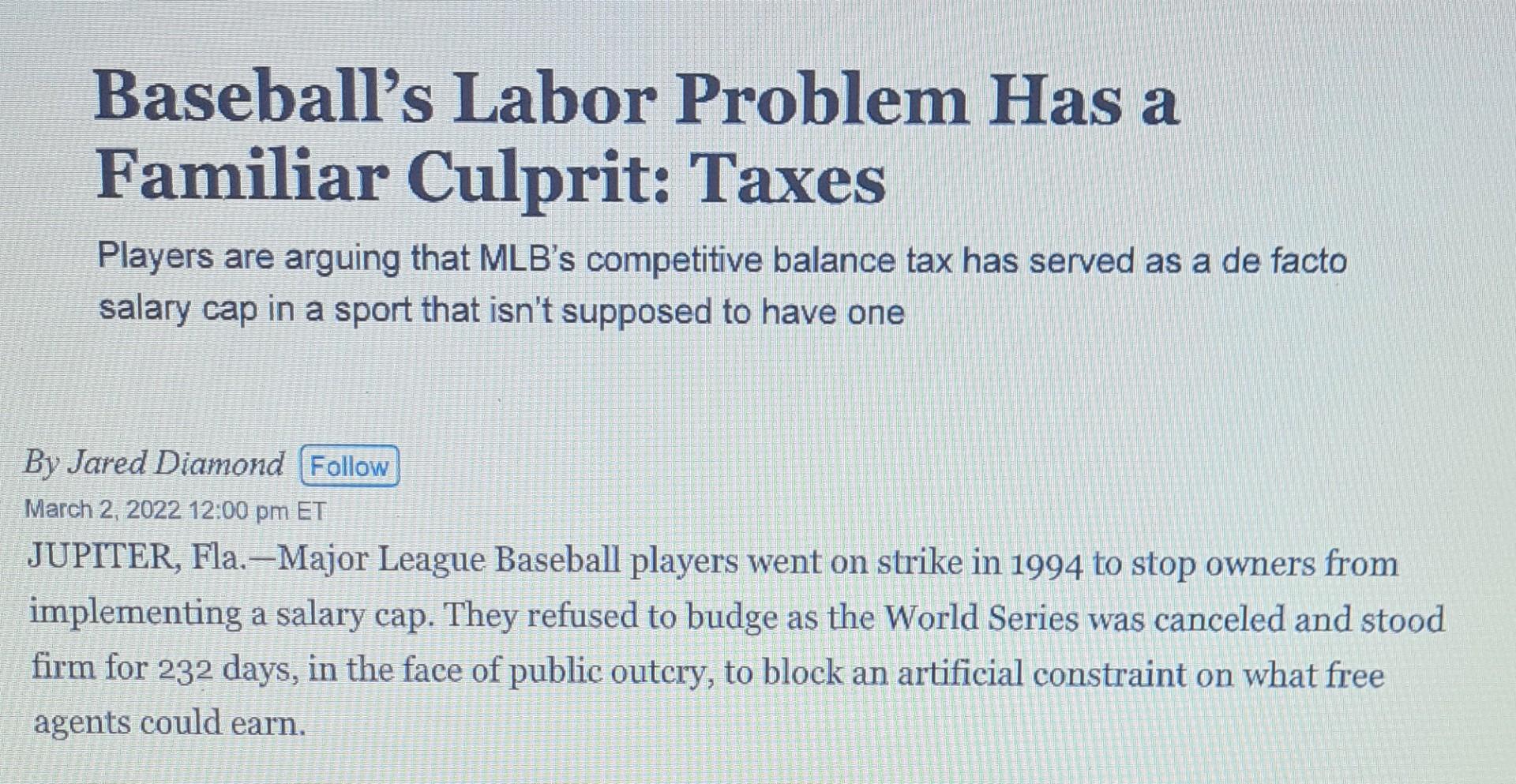 Read The Article Baseball S Labor Problem Has A Familiar Culprit Taxes And Answer The Following Questions 1 How Is Th 2