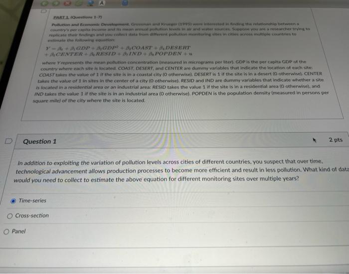 D Part 1 Questions 1 7 Pollution And Economic Development Grman And Krueger 1995 Were Interested In Finding The Rel 1
