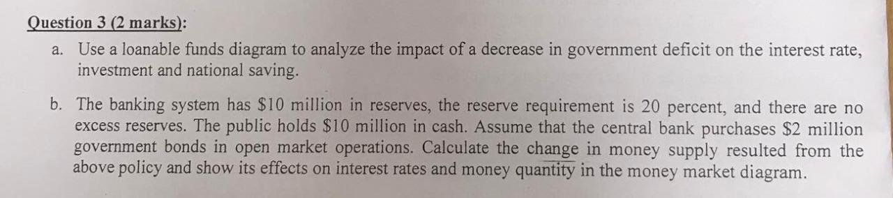 Question 3 2 Marks A Use A Loanable Funds Diagram To Analyze The Impact Of A Decrease In Government Deficit On The I 1