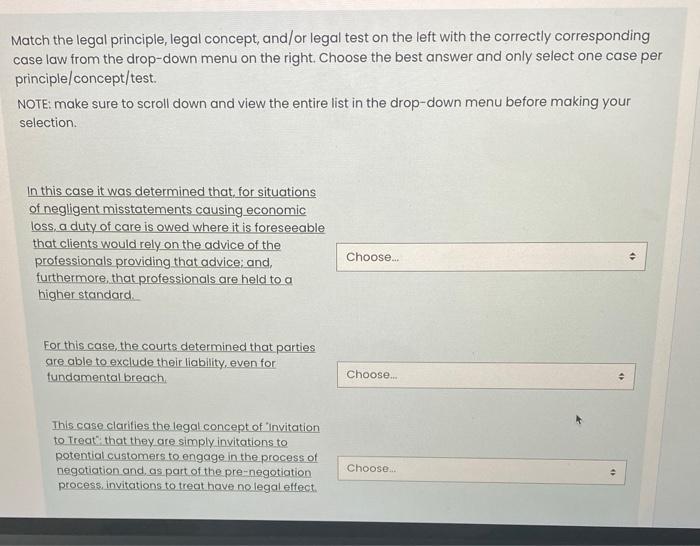 Match The Legal Principle Legal Concept And Or Legal Test On The Left With The Correctly Corresponding Case Law From T 1