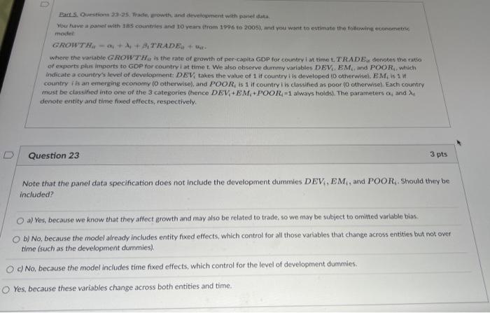 D Part 5 Questions 23 25 Trade Growth And Development With Panel Data You Have A Panel With 185 Countries And 10 Yea 1