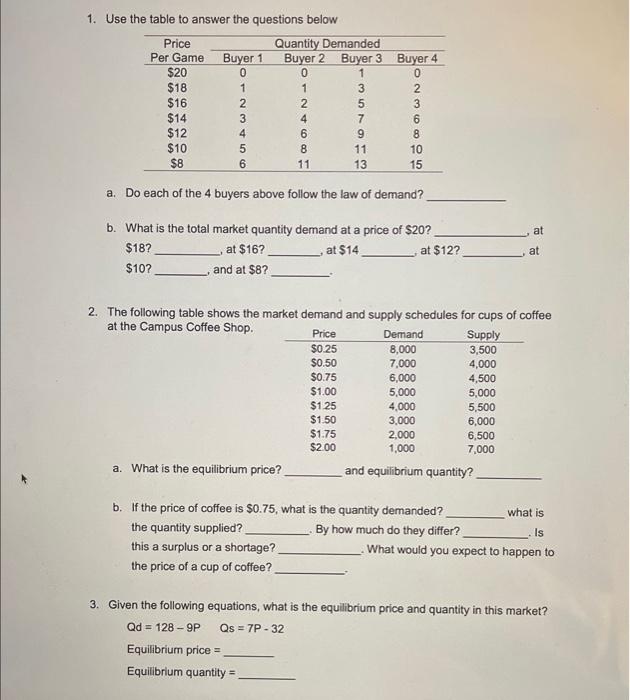 1 Use The Table To Answer The Questions Below Price Per Game Buyer 1 0 20 18 16 14 12 10 8 8 11 A Do Each Of Th 1