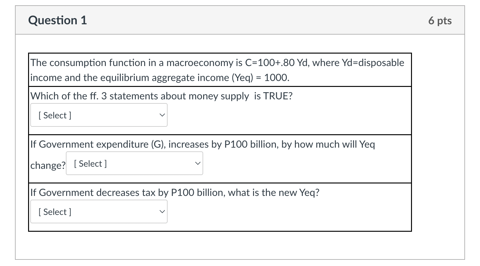 Question 1 The Consumption Function In A Macroeconomy Is C 100 80 Yd Where Yd Disposable Income And The Equilibrium Ag 1