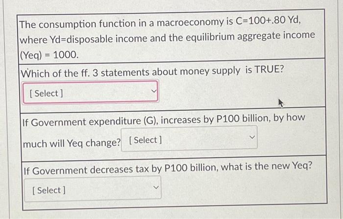 The Consumption Function In A Macroeconomy Is C 100 80 Yd Where Yd Disposable Income And The Equilibrium Aggregate Inc 1