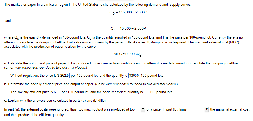 The Market For Paper In A Particular Region In The United States Is Characterized By The Following Demand And Supply Cur 1