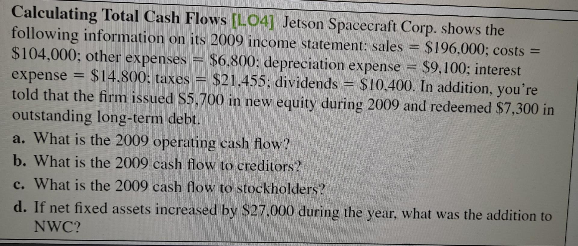 Calculating Total Cash Flows L04 Jetson Spacecraft Corp Shows The Following Information On Its 2009 Income Statement 1