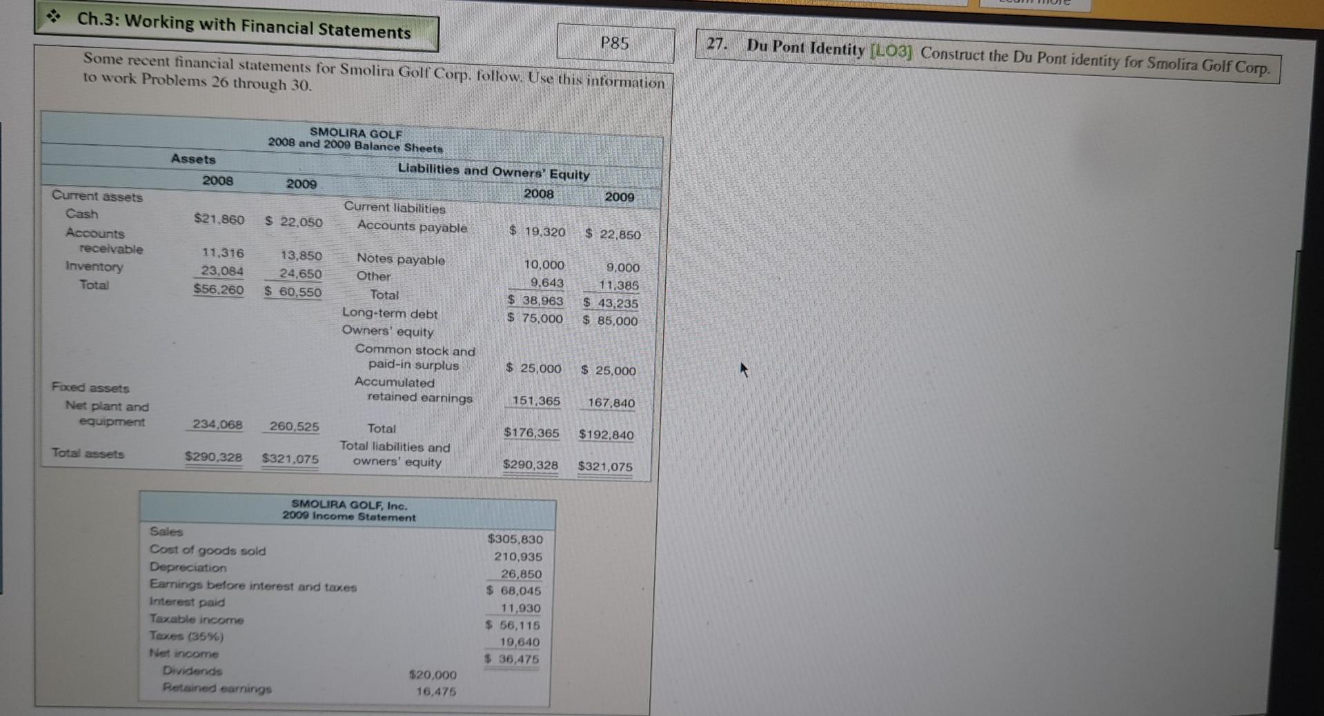 Ch 3 Working With Financial Statements P85 27 Du Pont Identity 203 Construct The Du Pont Identity For Smolira Golf 1