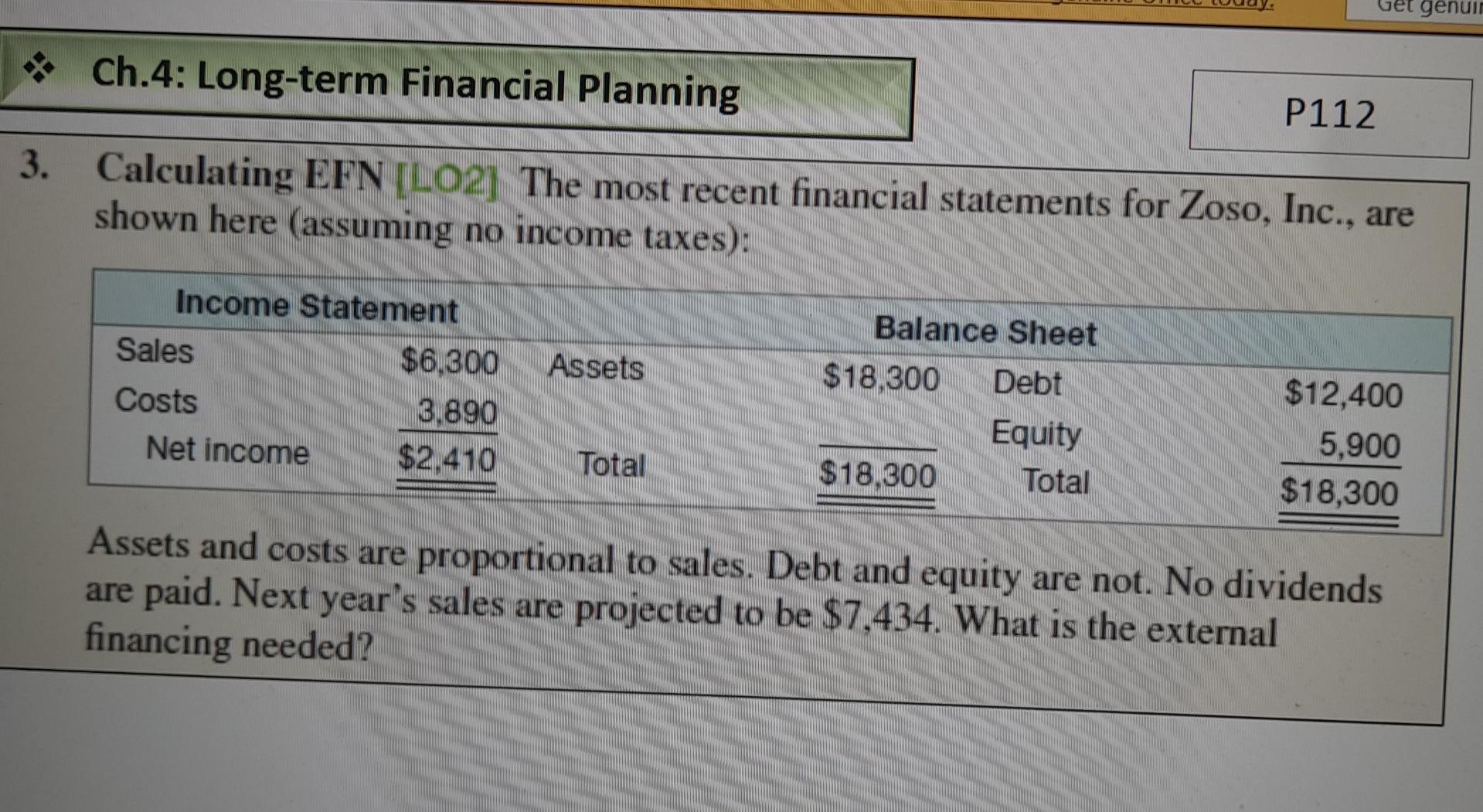 Genuir Ch 4 Long Term Financial Planning P112 3 Calculating Efn Lo2 The Most Recent Financial Statements For Zoso 1