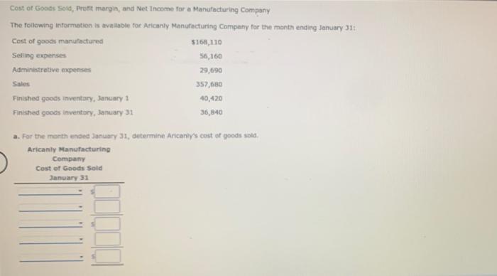 Cost Of Goots Soid Pront Margin And Net Income For A Manufacturing Company The Following Information Is Available For 1