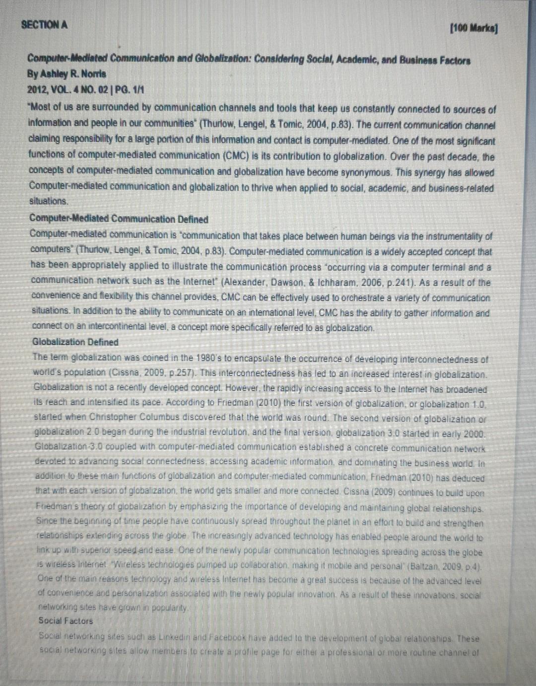 Section A 100 Marke Computer Mediated Communication And Globalization Considering Social Academic And Business Fact 1