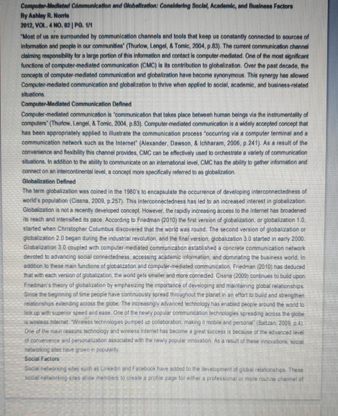 Computer Mediated Communication And Globalization Considering Social Academic And Business Factors By Ashley R Norri 1