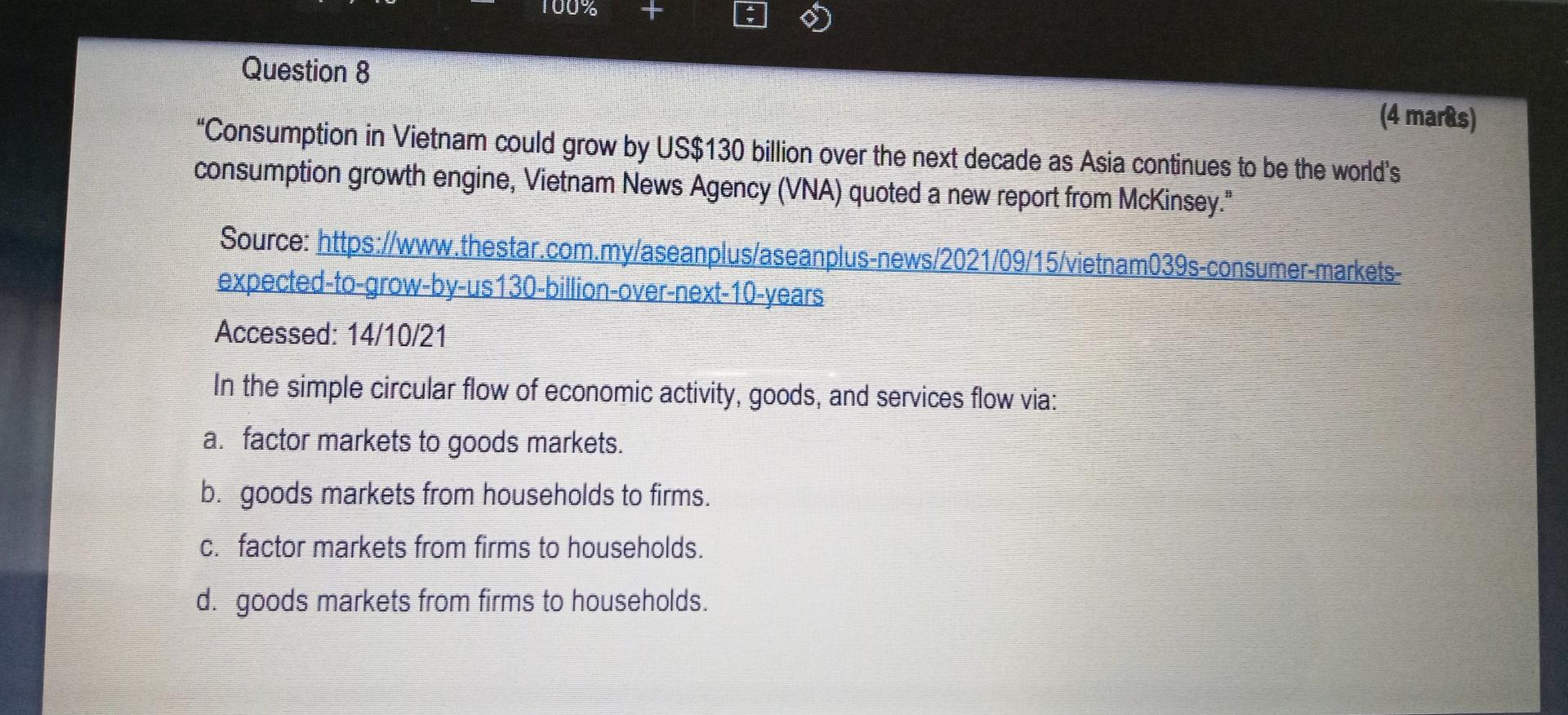 100 Question 8 4 Marks Consumption In Vietnam Could Grow By Us 130 Billion Over The Next Decade As Asia Continues To 1