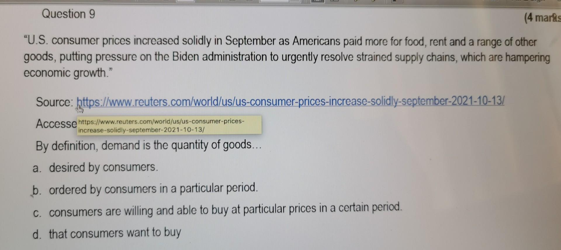 Question 9 4 Marks U S Consumer Prices Increased Solidly In September As Americans Paid More For Food Rent And A Ran 1