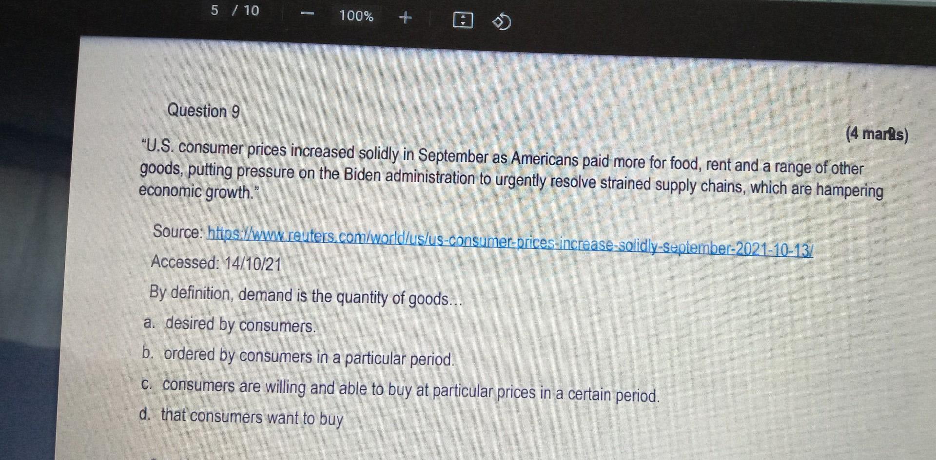 5 10 I 100 B Question 9 4 Marks U S Consumer Prices Increased Solidly In September As Americans Paid More For F 1