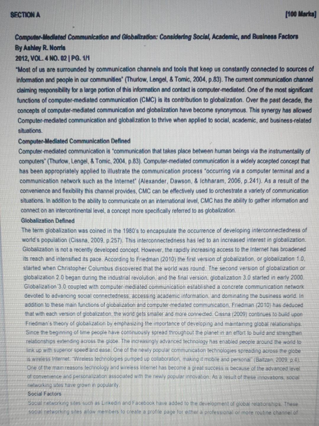Section A 100 Marke Computer Mediated Communication And Globalization Considering Social Academic And Business Fact 1