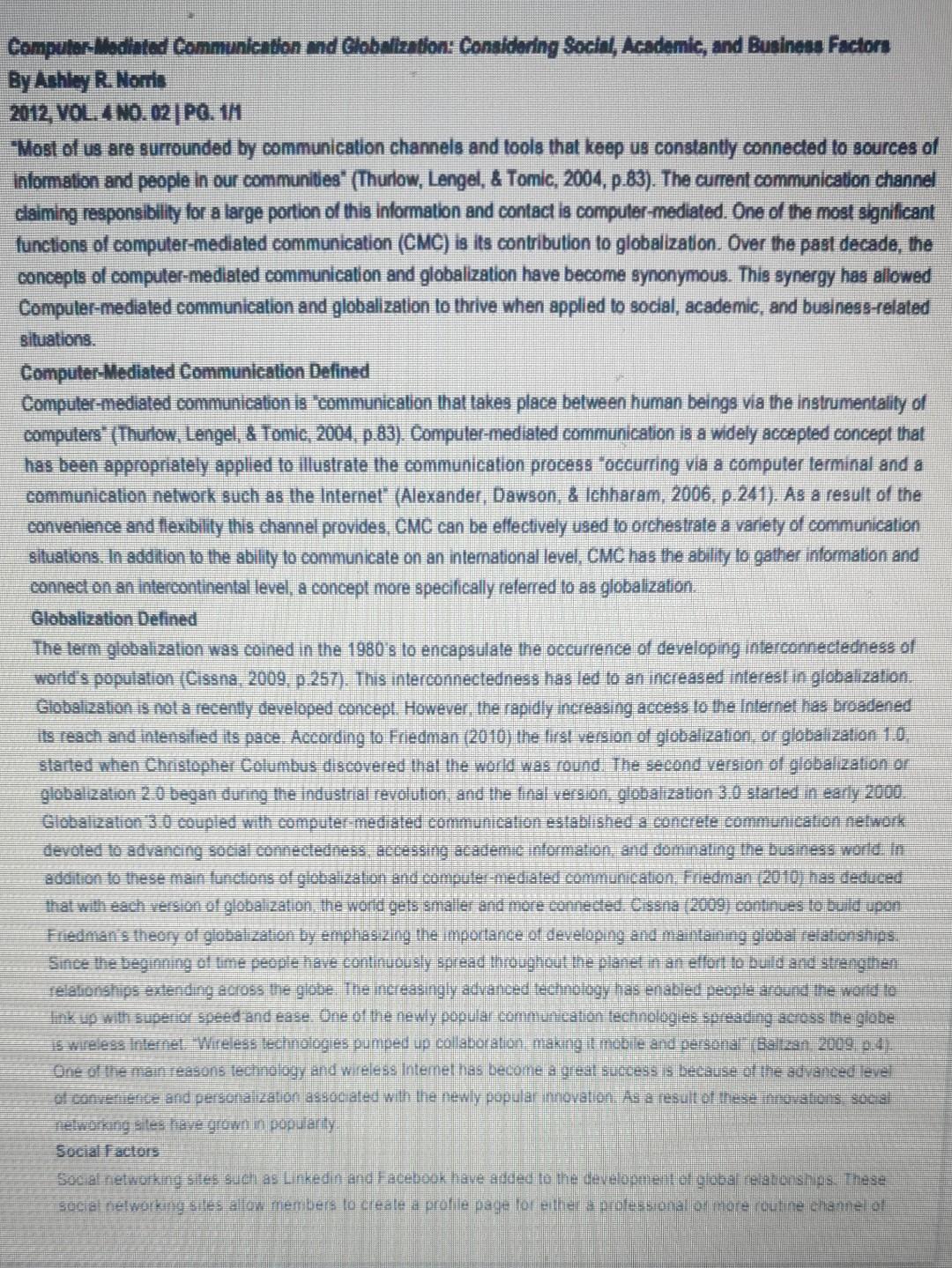 Computer Mediated Communication And Globalization Considering Social Academic And Business Factors By Ashley R Norri 1