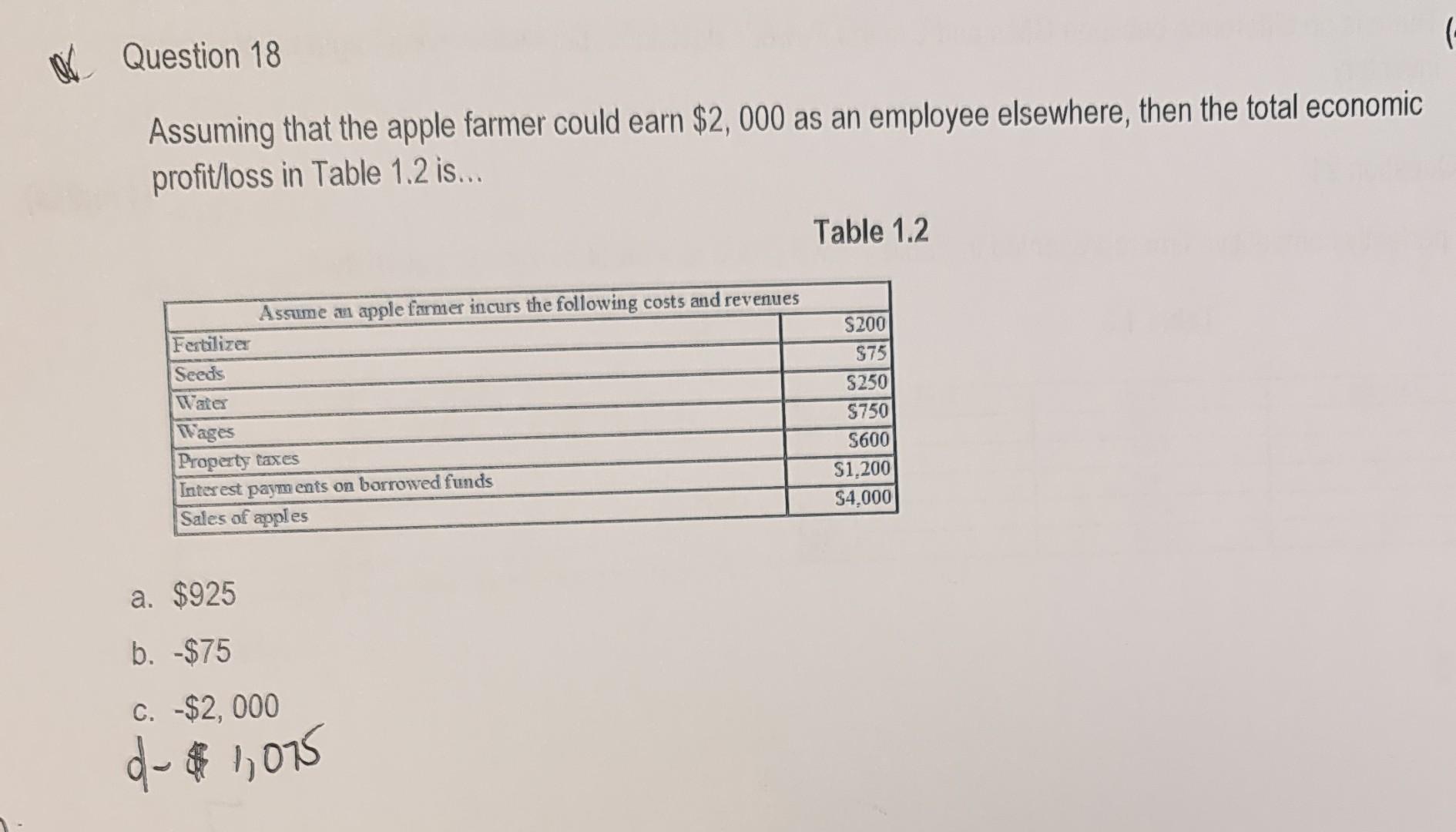 Question 18 Assuming That The Apple Farmer Could Earn 2 000 As An Employee Elsewhere Then The Total Economic Profit Lo 1