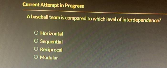 Current Attempt In Progress A Baseball Team Is Compared To Which Level Of Interdependence O Horizontal O Sequential O R 1