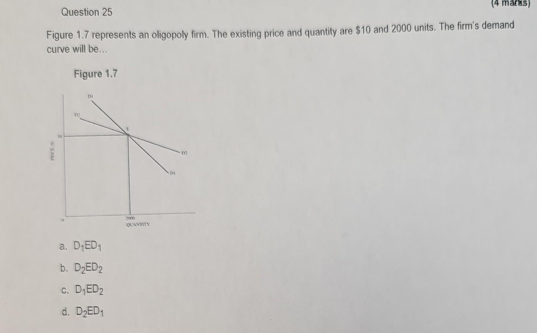 Question 25 4 Marks Figure 1 7 Represents An Oligopoly Firm The Existing Price And Quantity Are 10 And 2000 Units T 1