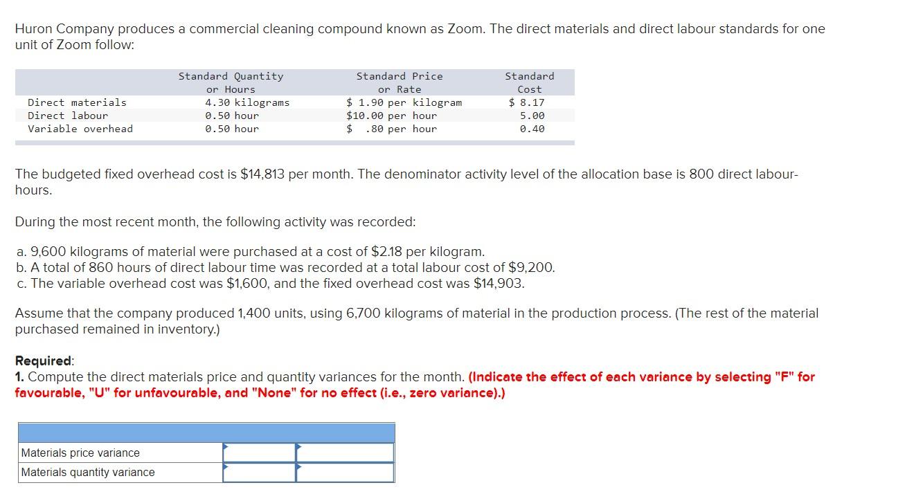 Huron Company Produces A Commercial Cleaning Compound Known As Zoom The Direct Materials And Direct Labour Standards Fo 1
