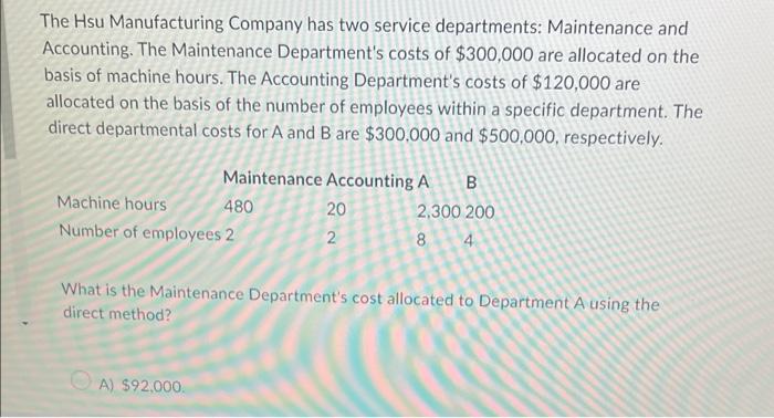 The Hsu Manufacturing Company Has Two Service Departments Maintenance And Accounting The Maintenance Department S Cost 1