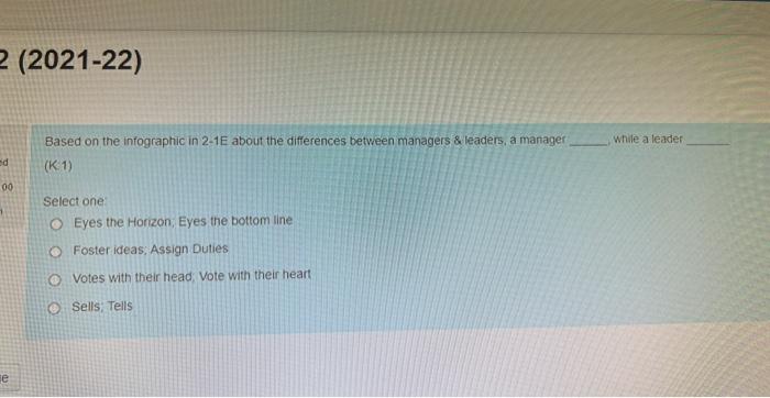 2 2021 22 D 00 E Based On The Infographic In 2 1e About The Differences Between Managers Leaders A Manager K 1 S 1