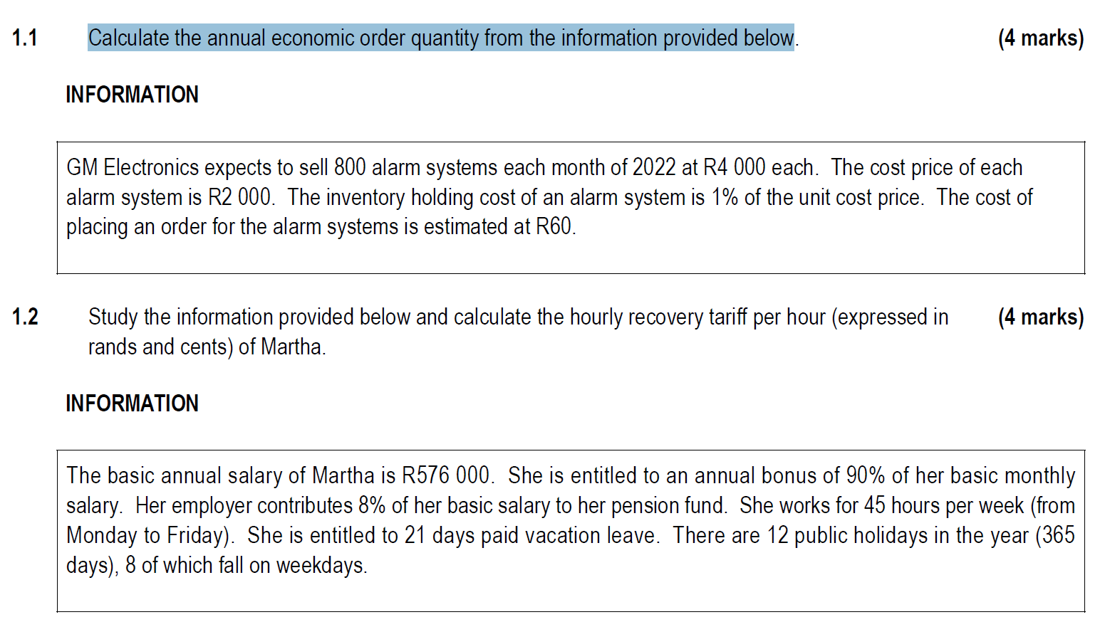 1 1 1 2 Calculate The Annual Economic Order Quantity From The Information Provided Below Information 4 Marks Gm Elect 1
