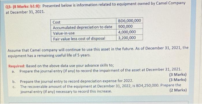 Q3 8 Marks B1 8 Presented Below Is Information Related To Equipment Owned By Camel Company At December 31 2021 Cos 1