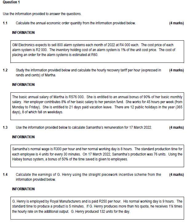 Question 1 Use The Information Provided To Answer The Questions 1 1 1 2 1 3 1 4 Calculate The Annual Economic Order Qua 1