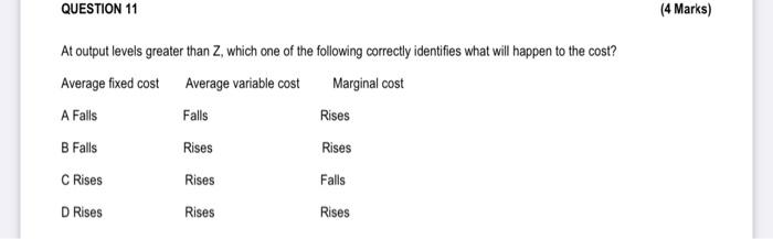 Question 11 At Output Levels Greater Than Z Which One Of The Following Correctly Identifies What Will Happen To The Cos 1