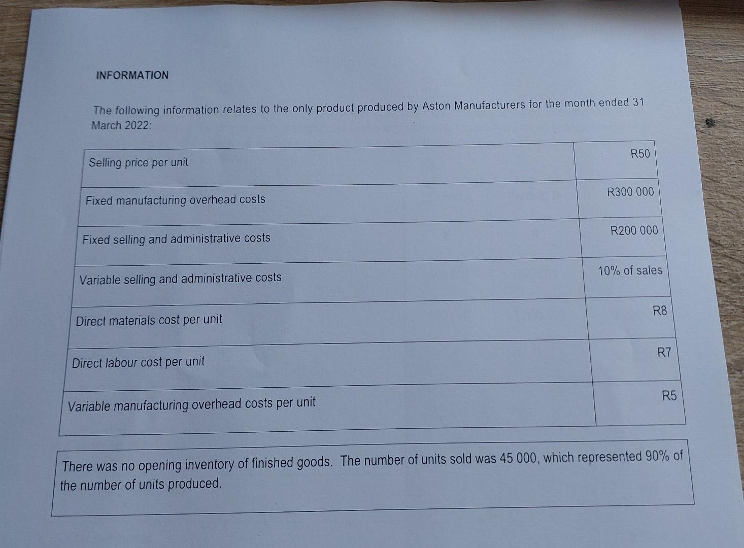 Information The Following Information Relates To The Only Product Produced By Aston Manufacturers For The Month Ended 31 1