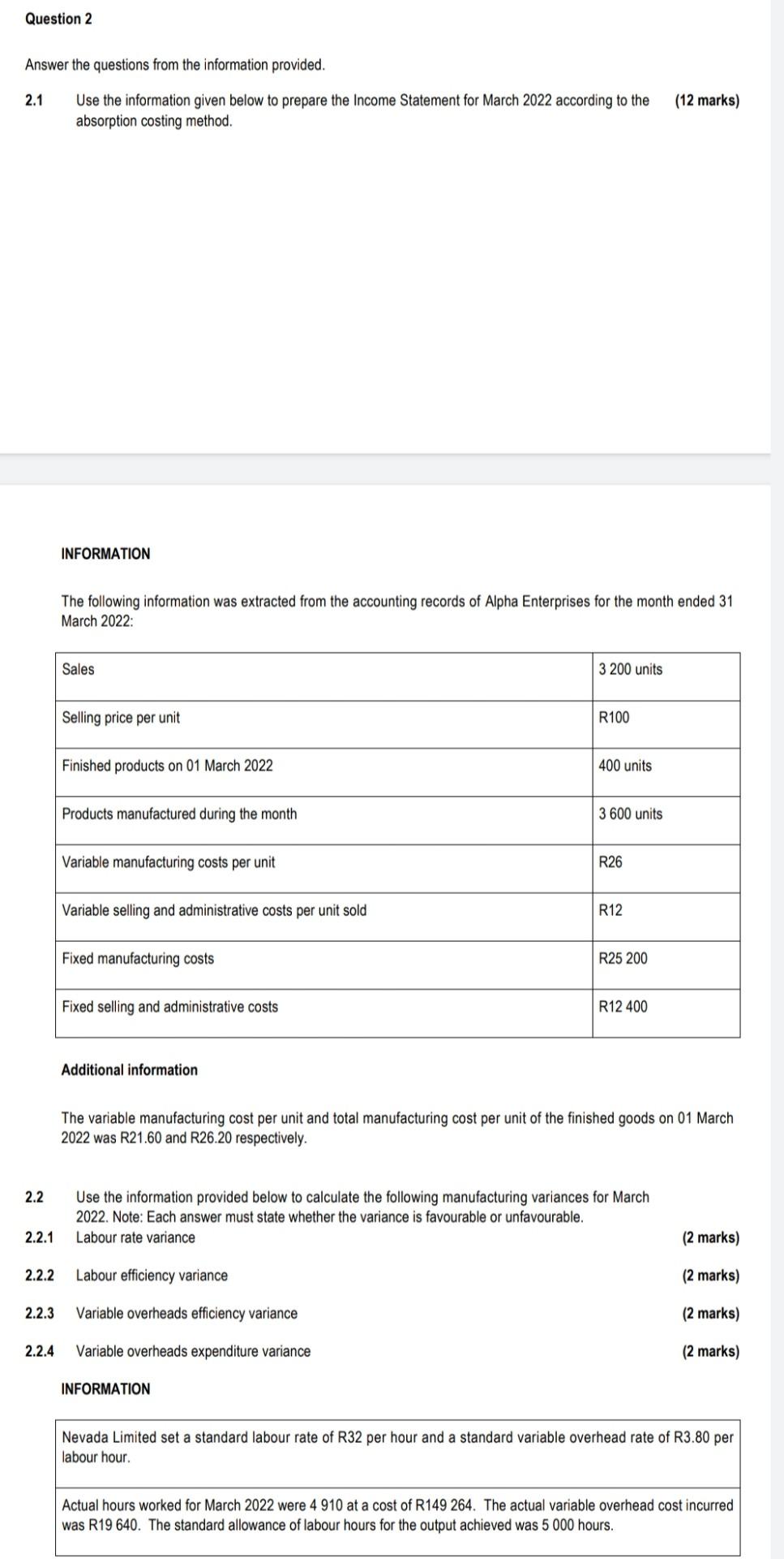 Question 2 Answer The Questions From The Information Provided 2 1 Use The Information Given Below To Prepare The Income 1