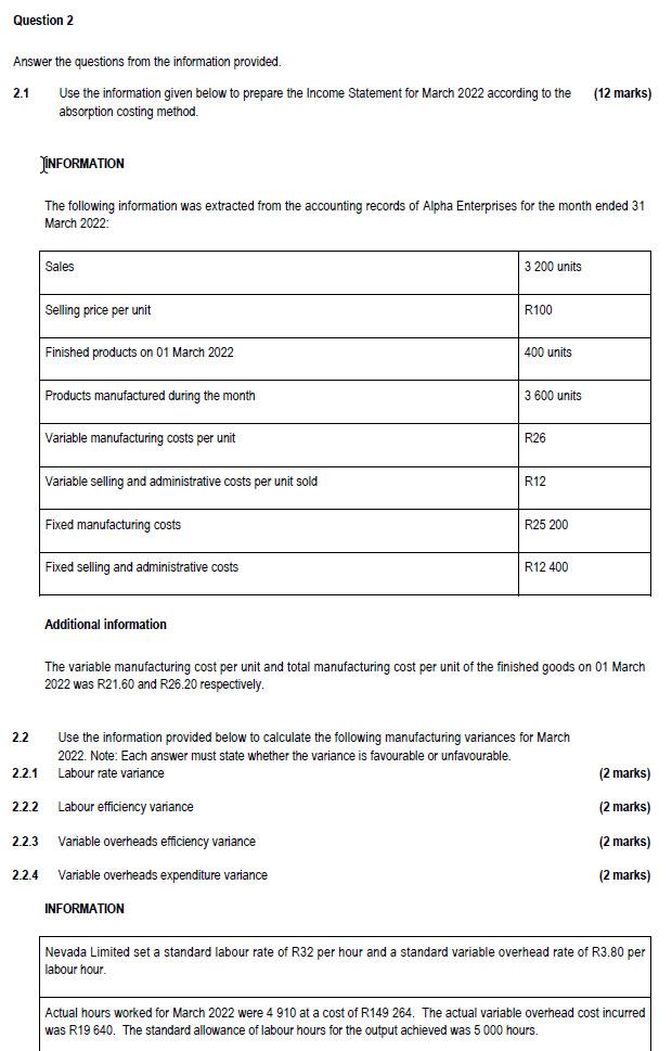 Question 2 Answer The Questions From The Information Provided 2 1 Use The Information Given Below 1 Prepare The Income 1