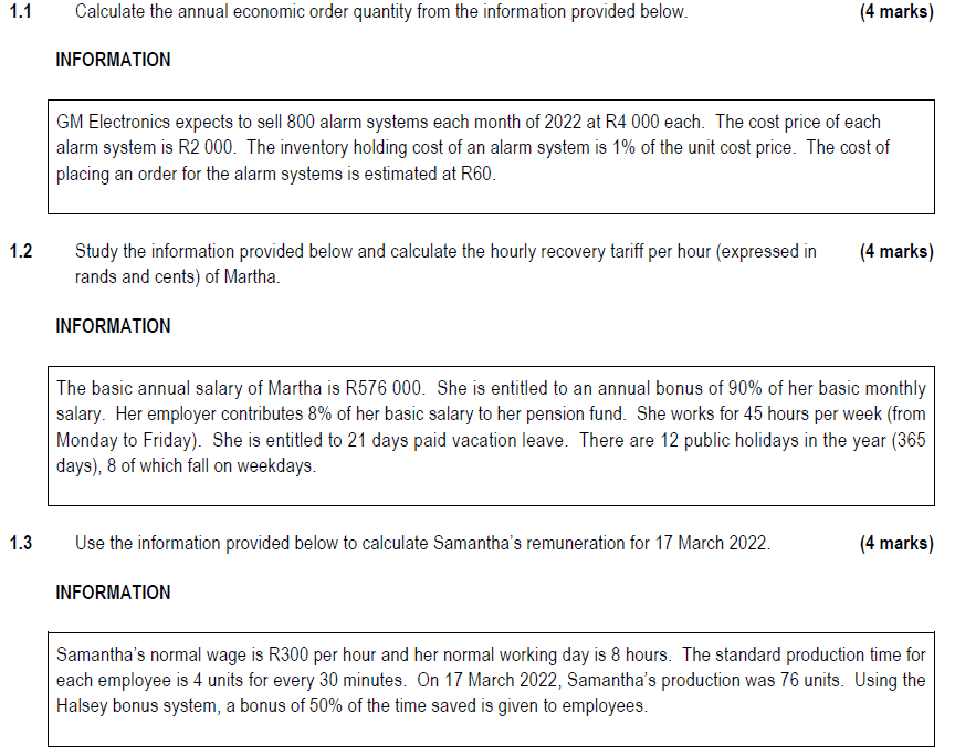 1 1 1 2 1 3 Calculate The Annual Economic Order Quantity From The Information Provided Below Information Gm Electronics 1