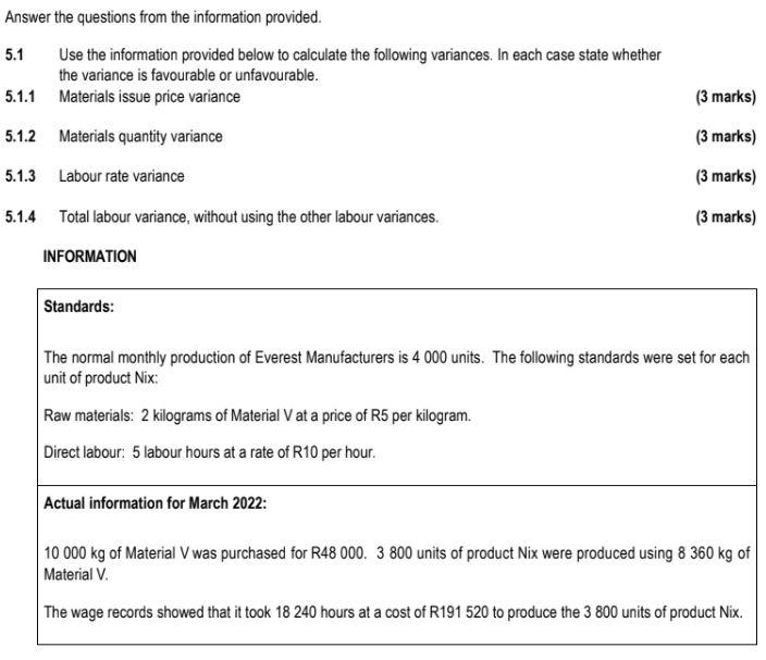 Answer The Questions From The Information Provided 5 1 Use The Information Provided Below To Calculate The Following Va 1
