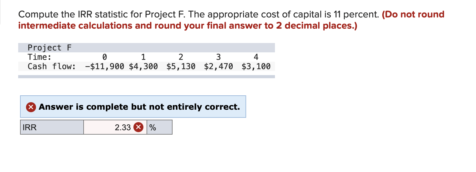 Compute The Irr Statistic For Project F The Appropriate Cost Of Capital Is 11 Percent Do Not Round Intermediate Calcu 1